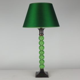 € 82,= & kap 20 cm vanaf € 36,=<br>2 stuks beschikbaar lamp-brons-en-groene-glazen-kralen-met-middel-schuin-model--lampenkap