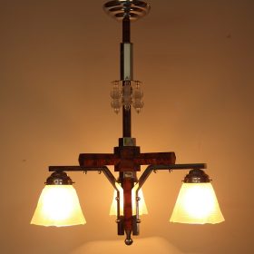 € 375,= hanglamp-chroom-houtschildering-vintage-jaren-50-art-deco-stijl