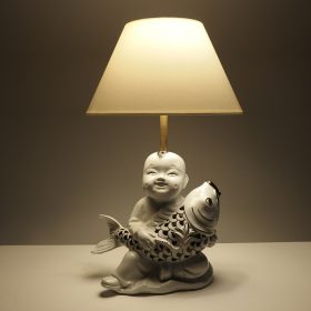 € 130,= & kap 25 cm vanaf € 45,=<br>2 stuks beschikbaar lamp-porselein-chinees-en-in-handen-een-vis-met-middel-schuin-model-lampenkap