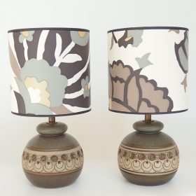 € 180,= (2 stuks)<br>kappen 15 cm va € 38,= per stuk set-lampen-gres-jersey-pottery-jaren-70-vintage