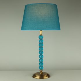 € 93,= & kap ovaal 25 cm vanaf € 47,=<br>2 stuks beschikbaar lamp-messing-en-turqoise-glazen-kralen-met-middel-hoog-ovaal-model-lampenkap