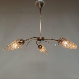 € 195,= hanglamp-spoetnik-messing-persglas-kappen-Frankrijk-aangepast-E14-fittingen-jaren-50-vintage