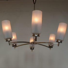 VERKOCHT hanglamp-messing-opalineglas-kappen-Frankrijk-jaren 50-vintage