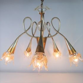 VERKOCHT hanglamp-bladgoud-bladzilver-italie-murano-glas-kelk-bloem