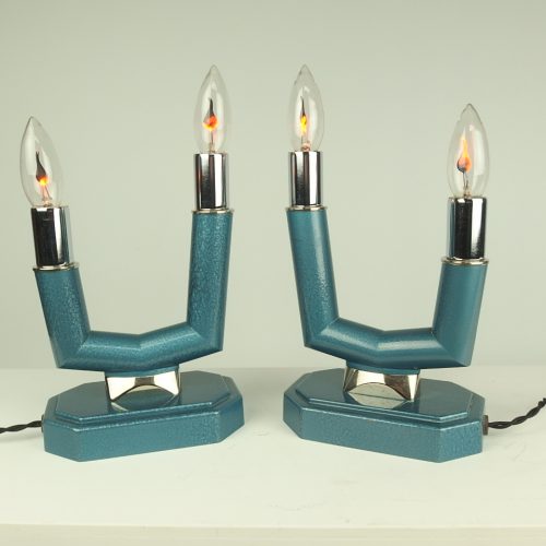€ 440,= (set van 2 stuks) stel-lampen-gemoffeld-blauw-metaal-prachtig-kwaliteit-handwerk-vintage-jaren-50