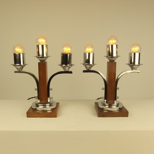 € 345,= (set van 2 lampen) stel-lampen-notenhout en-chroom-stijlvol-art-deco-set-vintage-jaren-20